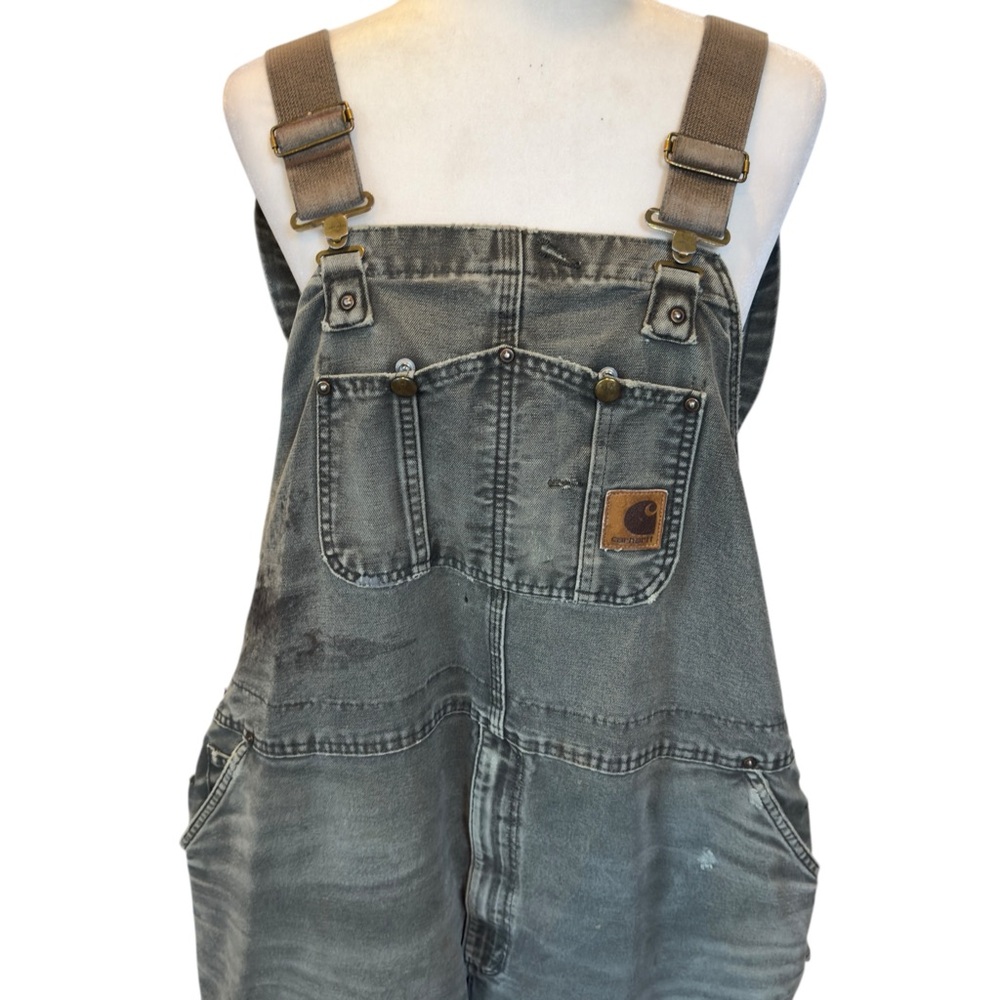 Vintage Carhartt Duck Canvas Work Overalls Gray Green Utility Carpenter Bibs